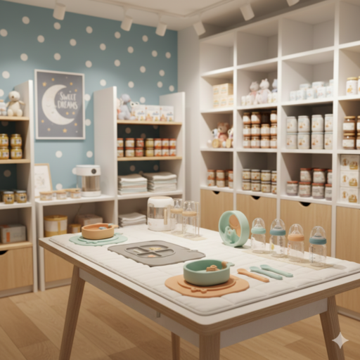 赤ちゃんグッズが陳列されているイメージ